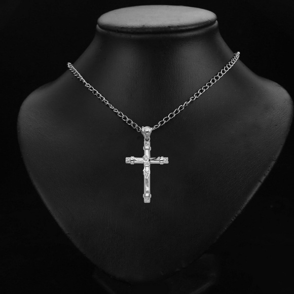 14K White CZ Religious Crucifix Pendant
